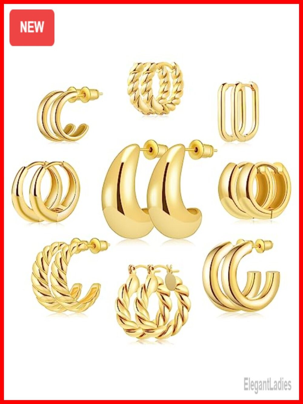 Gold Plated Hoop Earrings Set for Women, 9 Pairs Small Huggie, Lightweight